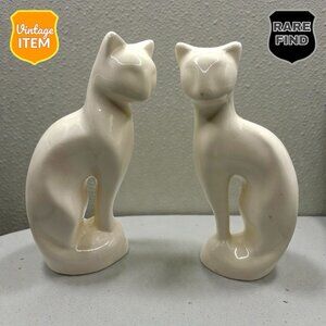Vintage Mid Century MCM 7” Tall White Ceramic Cat Figurine Statues. RARE!